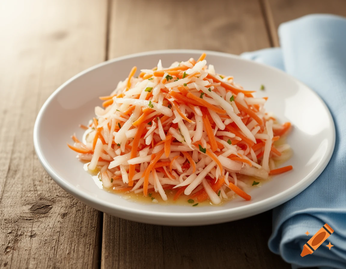 A white plate filled with shredded cabbage and carrots, garnished with herbs, on a wooden table with a blue napkin.