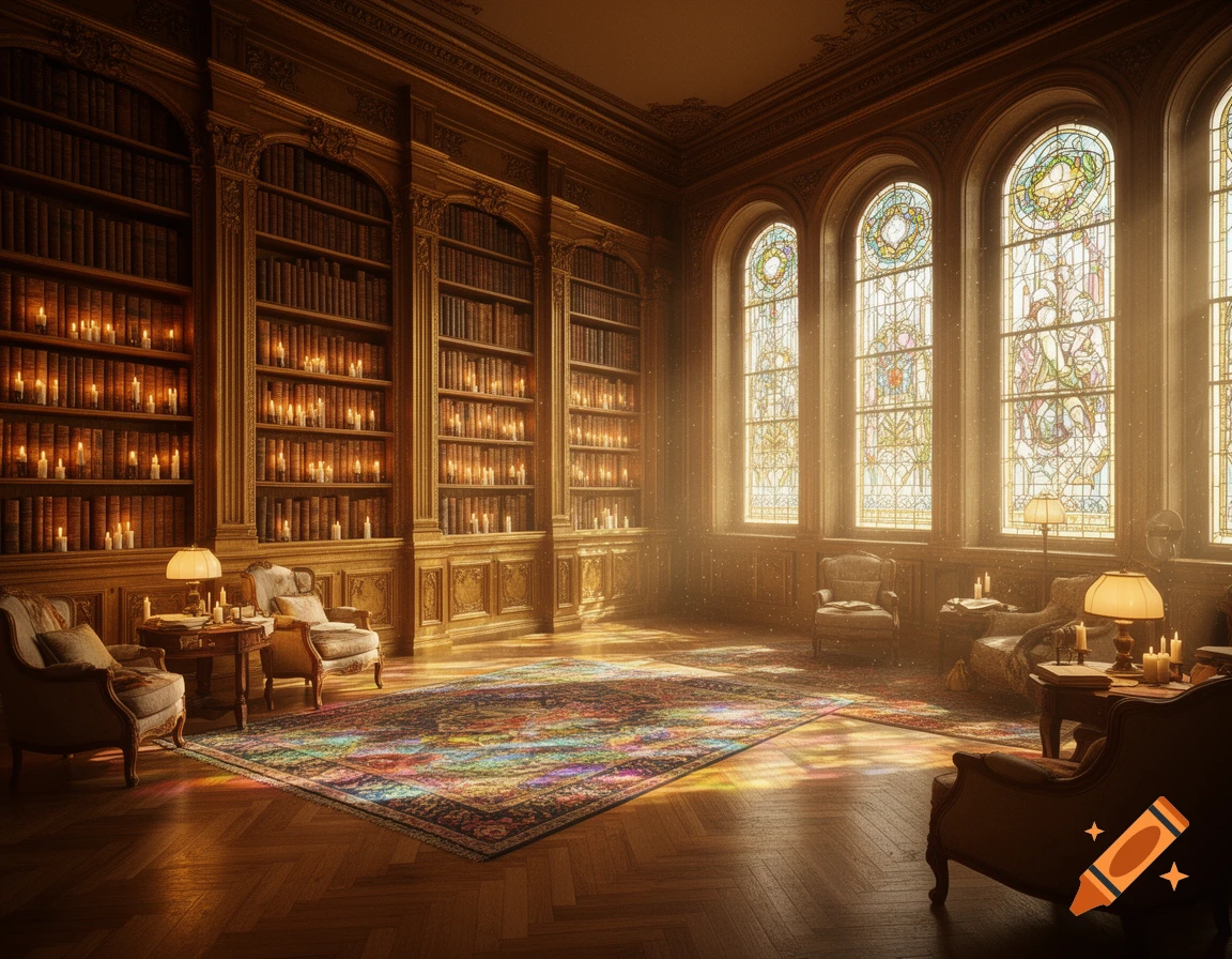 A grand, warm library with tall wooden bookcases, glowing candles, sunbeams through arched stained-glass windows, and a colorful rug.