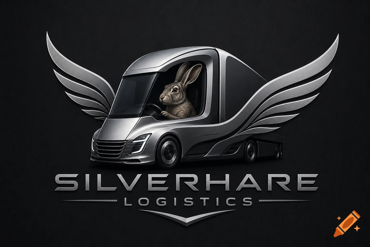 Professional silver and black logo featuring a modern semi-truck with large metallic wings, a detailed rabbit driving, and 'SILVERHARE LOGISTICS' text.