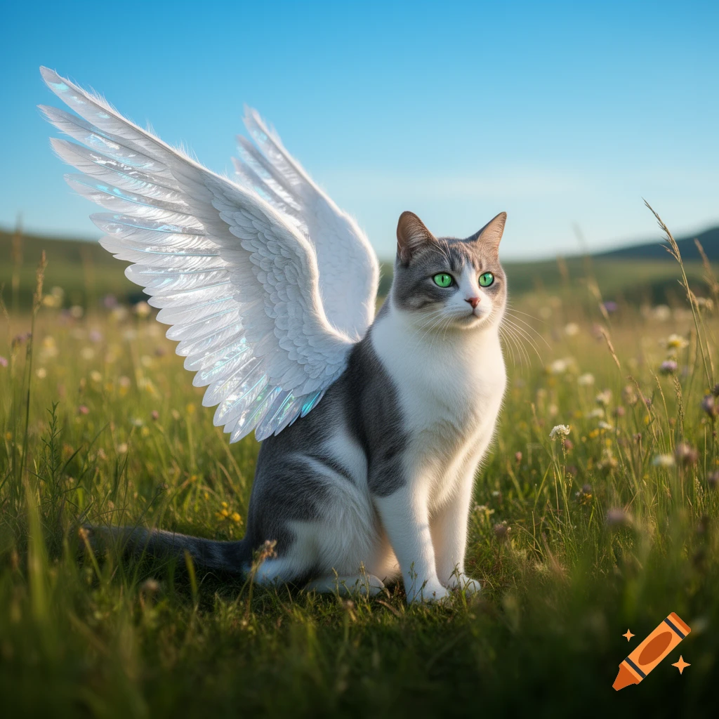 A white and grey winged cat with bright green eyes sits attentively in a sunlit green field under a clear blue sky.