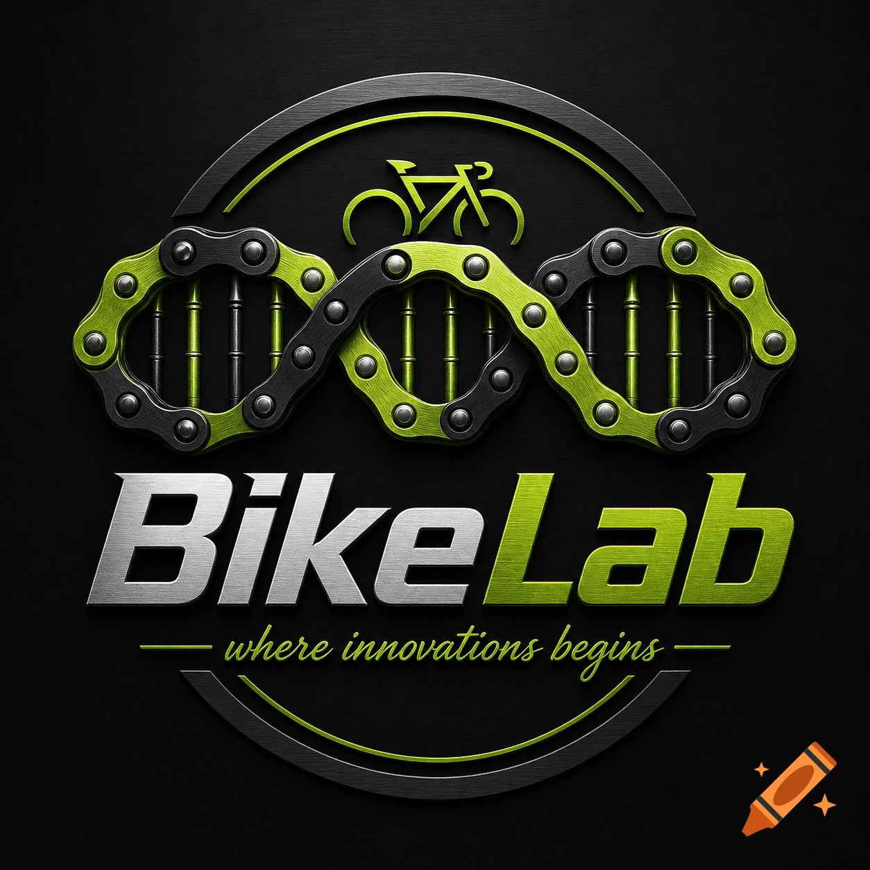 Metallic 'BikeLab' logo with a neon green bicycle chain forming a double helix and a bicycle silhouette on a black background, with the slogan 'where innovations begins'.