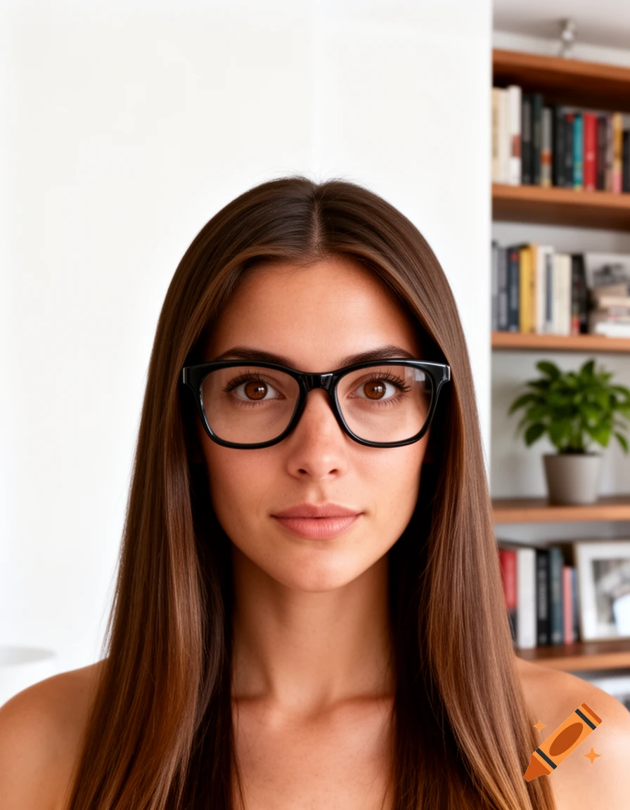 A young woman with long brown hair and black glasses looks directly at the viewer, with a blurry bookshelf in the background.