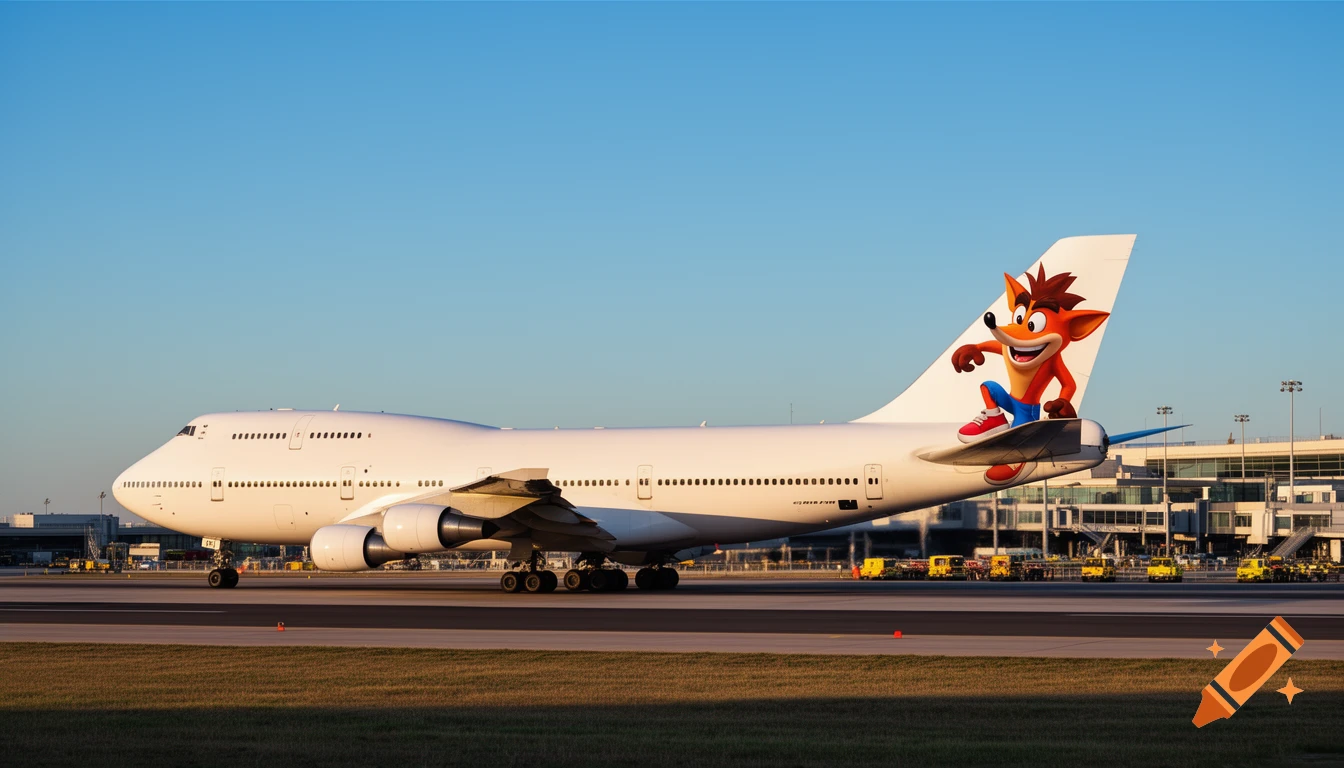 A large white Boeing 747 jetliner with Crash Bandicoot painted on its tail stands on an airport tarmac under a clear blue sky.