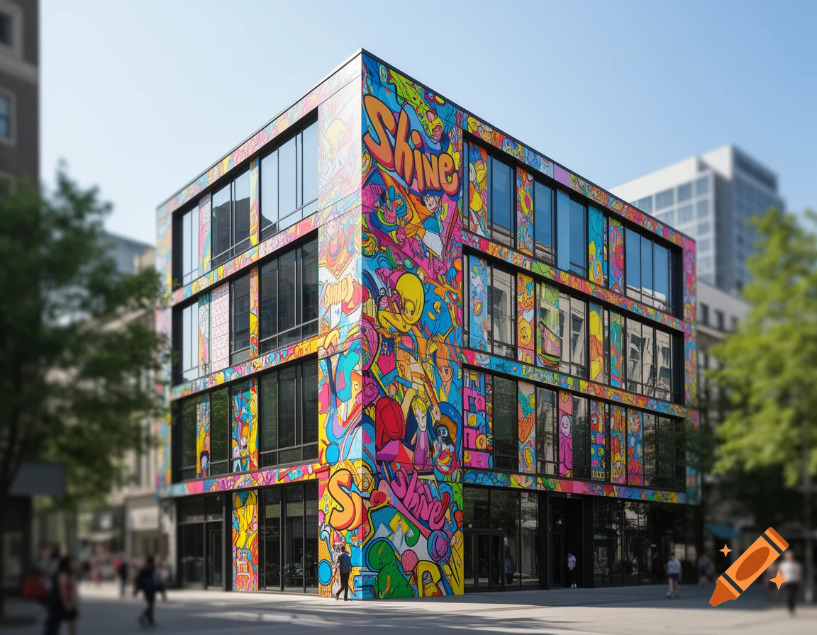 A modern building covered in vibrant, colorful Pop Art style graffiti featuring the word "SHINE" under a clear sky in a city. Photorealistic.