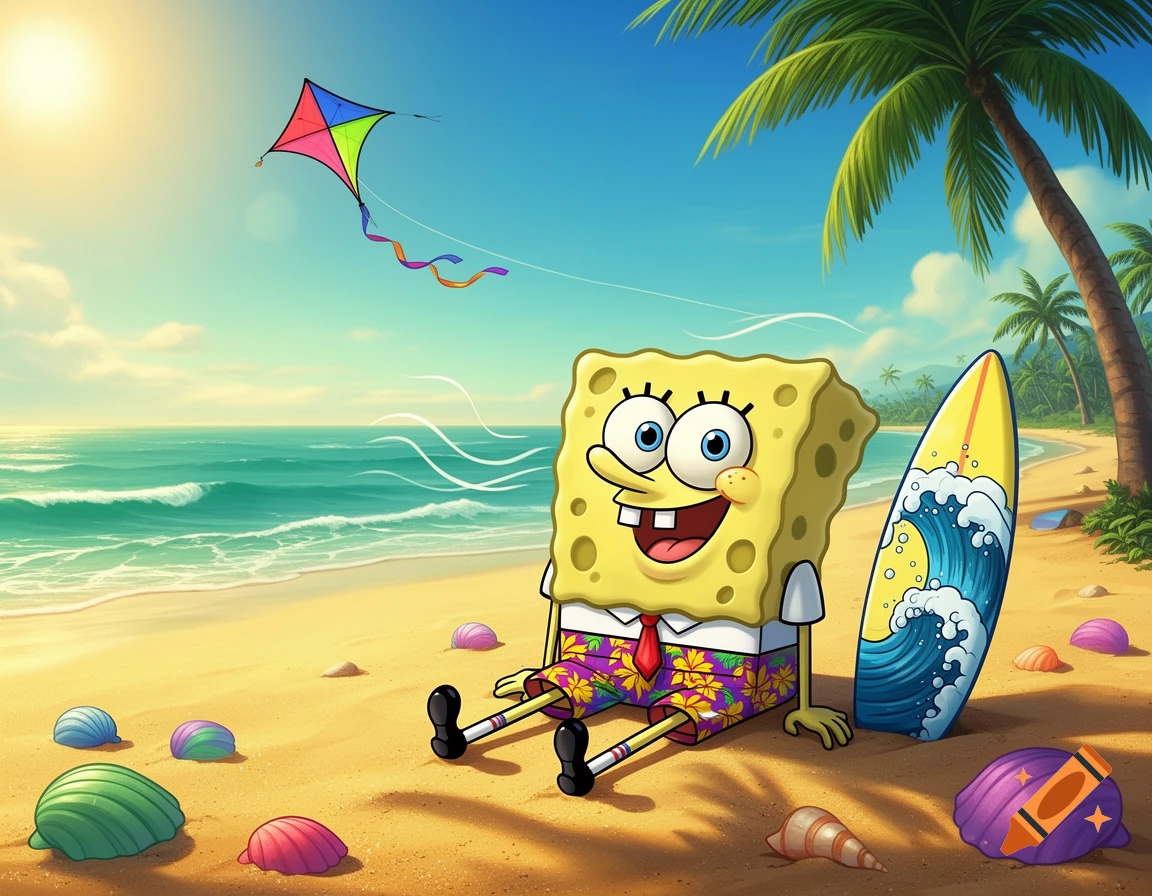 SpongeBob SquarePants sits on a sunny tropical beach by a surfboard, a colorful kite flying above the ocean and palm trees.