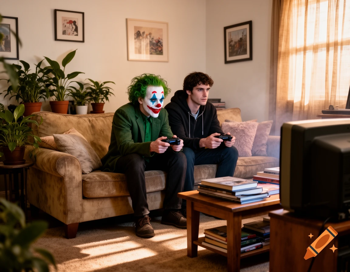 Two men, one in Joker makeup and green hair, sit on a couch playing video games with controllers in a cozy living room.