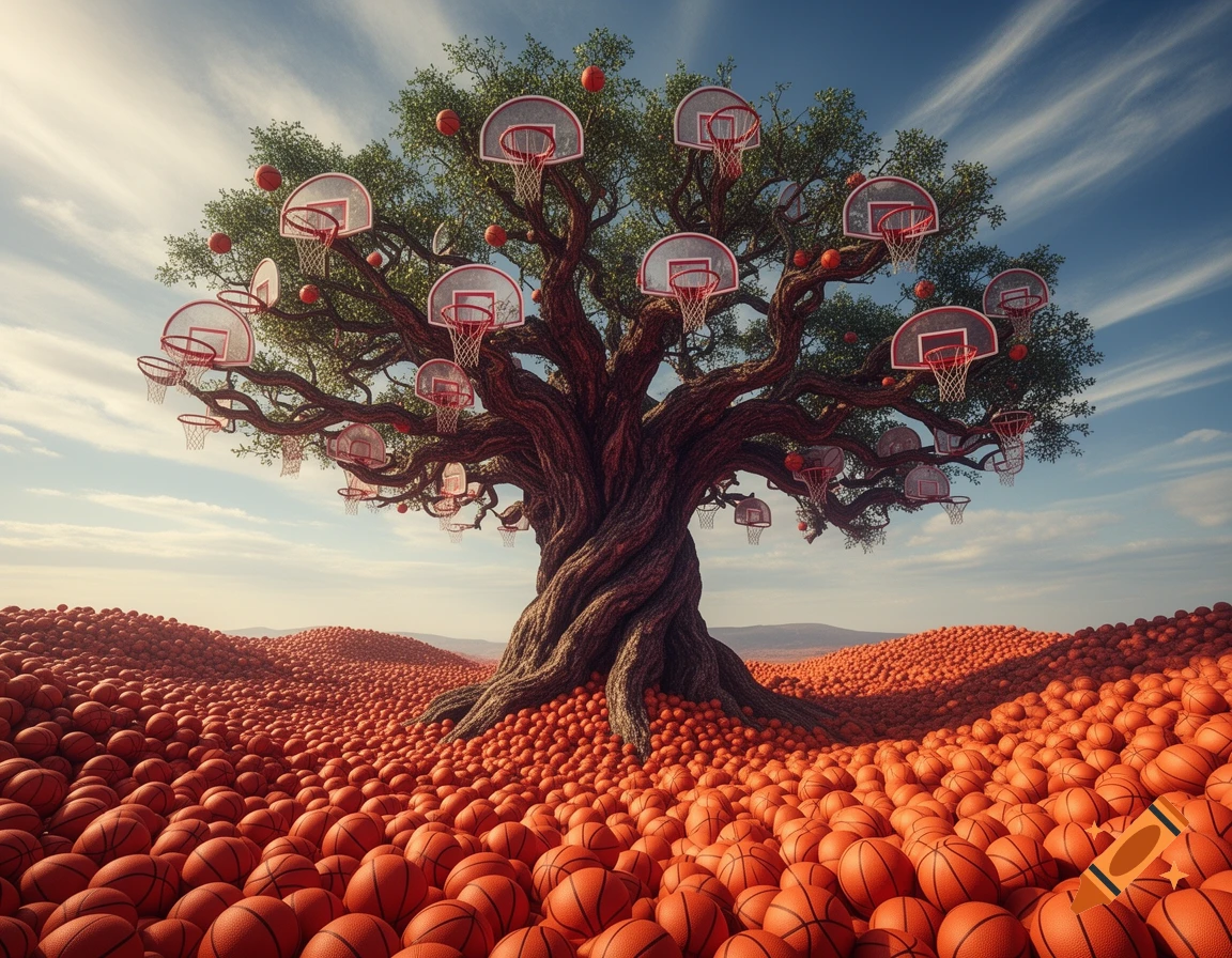 A large, gnarled tree grows from a field of basketballs, with basketball hoops and balls hanging from its branches against a blue sky.