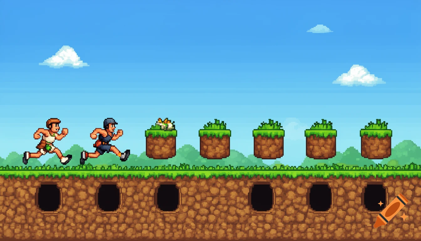 Two pixelated characters run right on a green and brown platformer level with gaps, under a blue sky.