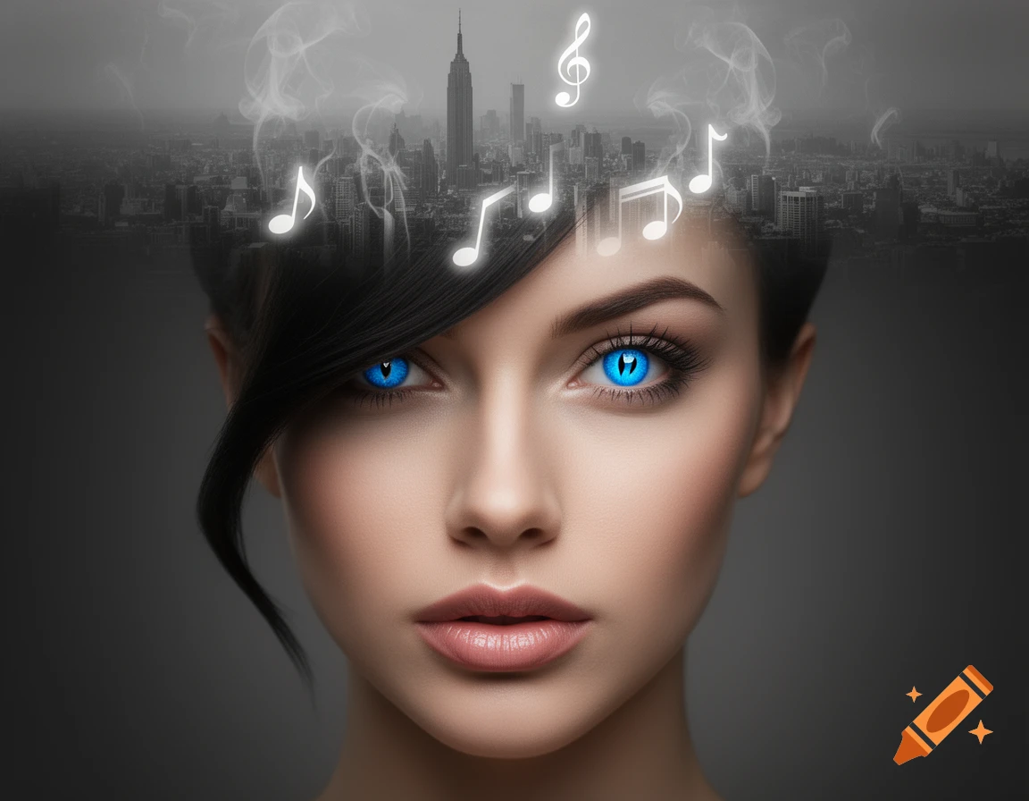 Close-up portrait of a woman with striking blue dragon pupils. Above her head, a monochrome cityscape, smoke, and music notes.
