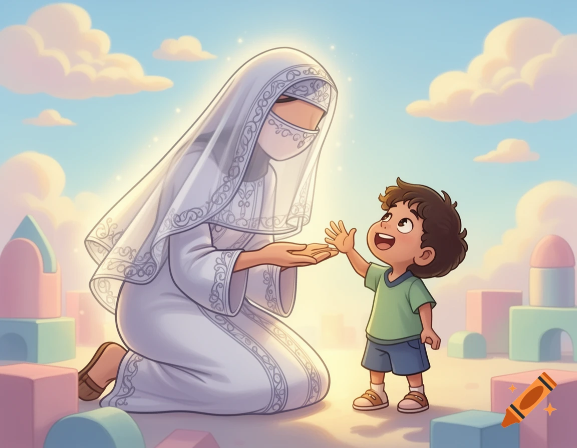Cartoon of a kneeling veiled parent holding out hands to a joyful child, surrounded by colorful blocks under a blue sky.