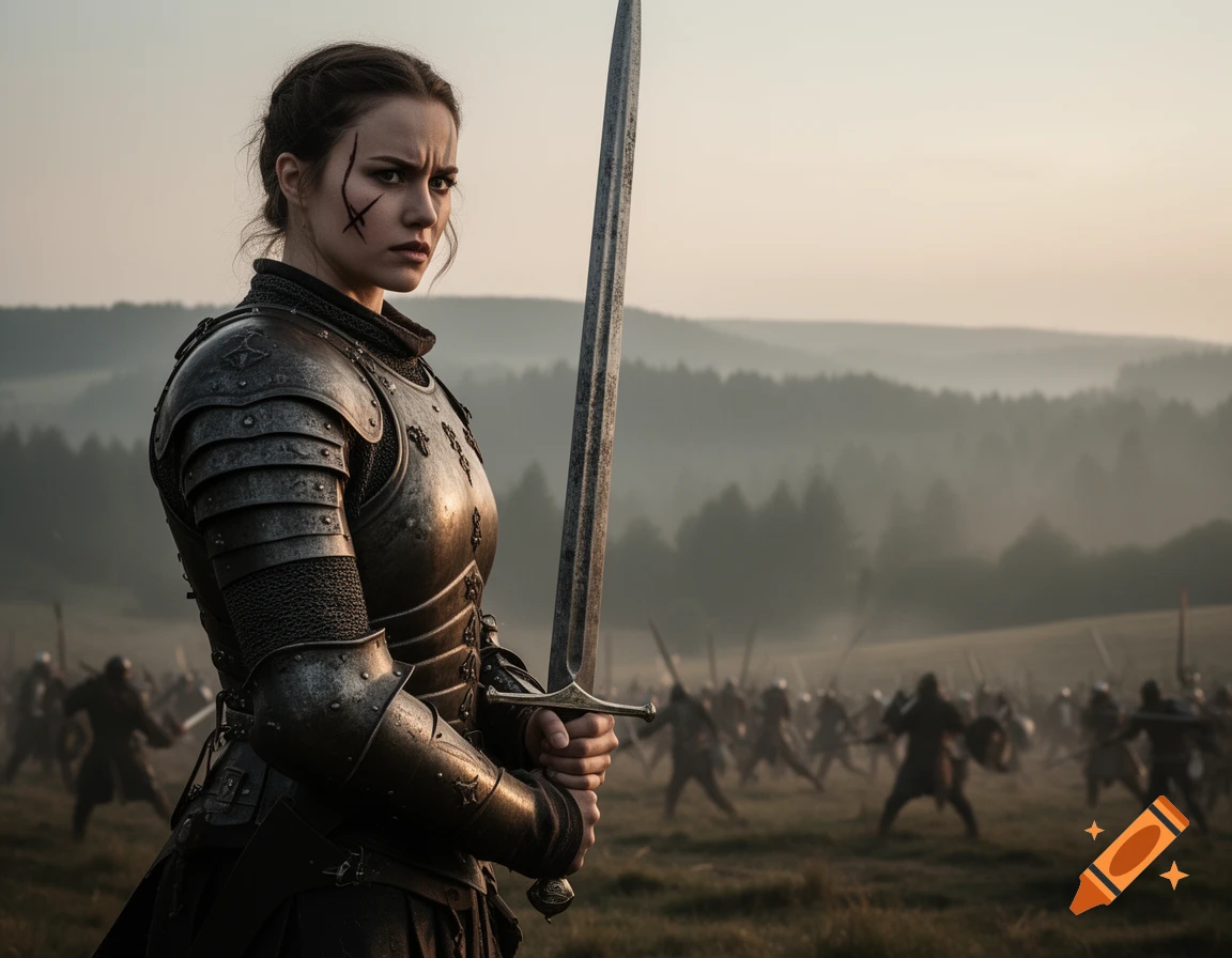 Photorealistic female medieval warrior in armor holding a sword on a misty battlefield with blurred figures.