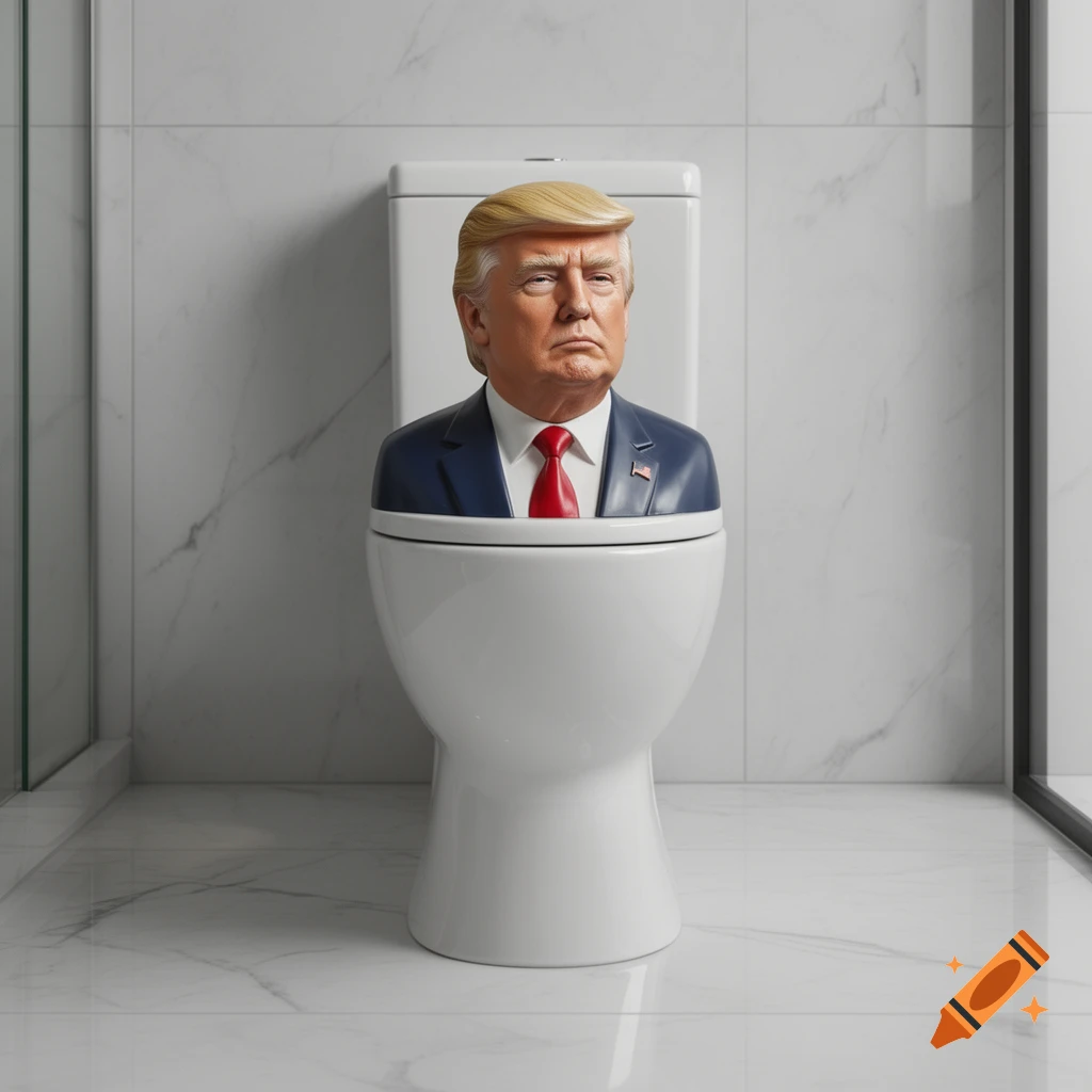 Photorealistic bust of Donald Trump in a suit and red tie, emerging from a white toilet bowl in a modern tiled bathroom.