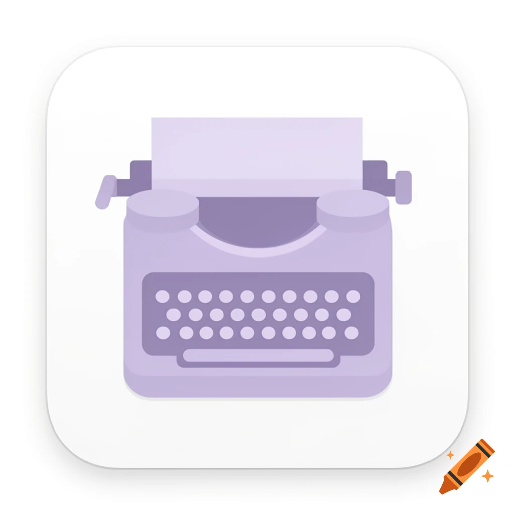 A soft lavender-colored vintage typewriter app icon on a white rounded square background.