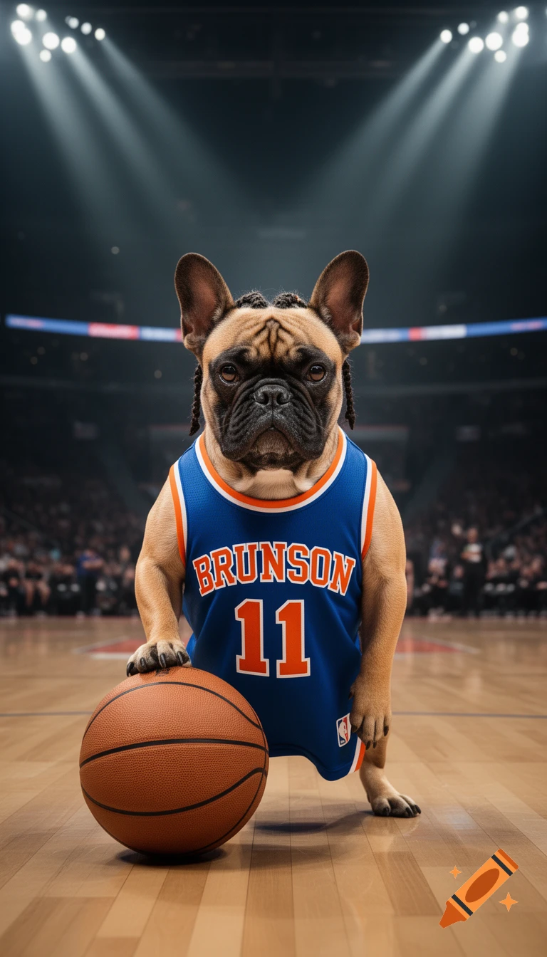 A photorealistic French Bulldog in a blue New York Knicks jersey ('BRUNSON', '11') with braids, holding a basketball on a court.