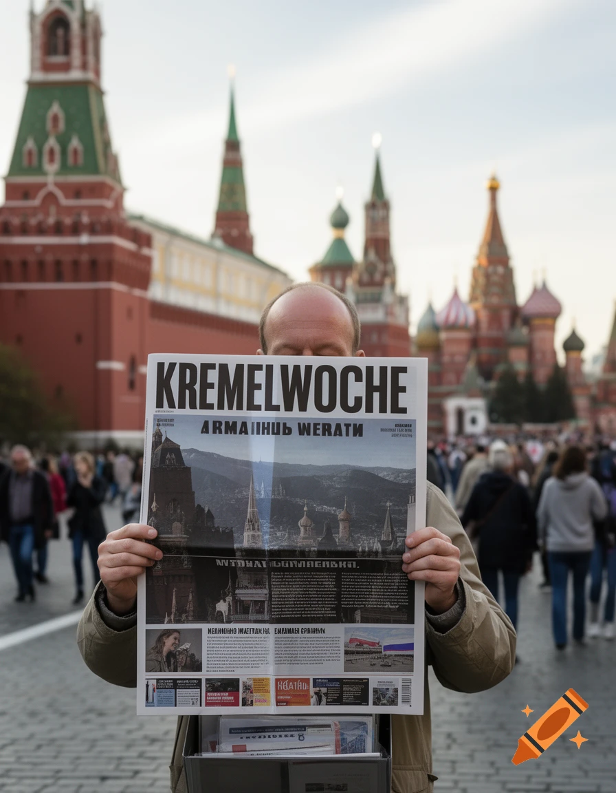 A man holds a newspaper titled "KREMELWOCHE" in front of his face, obscuring it. The Red Square and Kremlin towers are visible in the background.