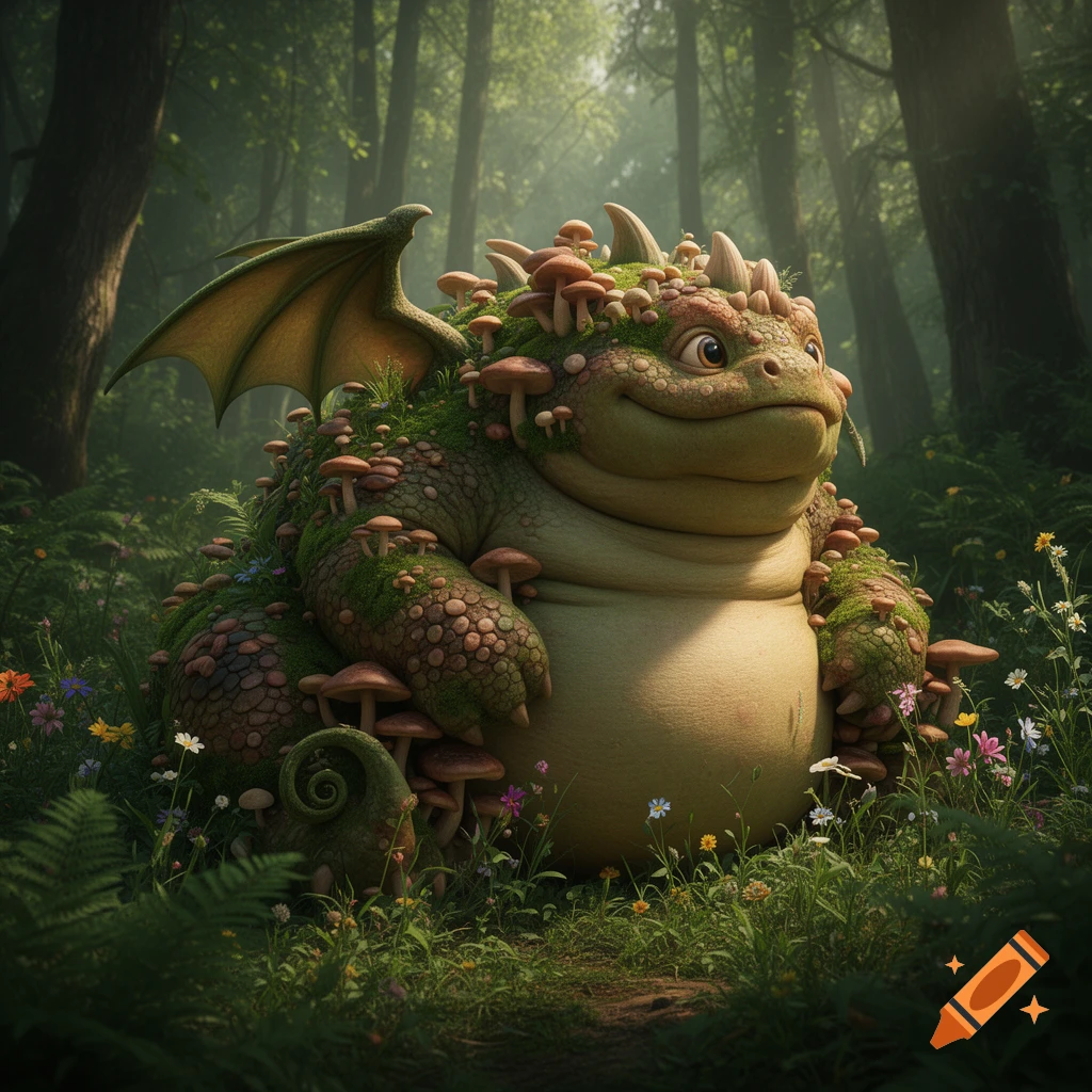 A chubby, moss-covered dragon with mushrooms on its back sits smiling in a lush, sun-dappled forest with wildflowers.