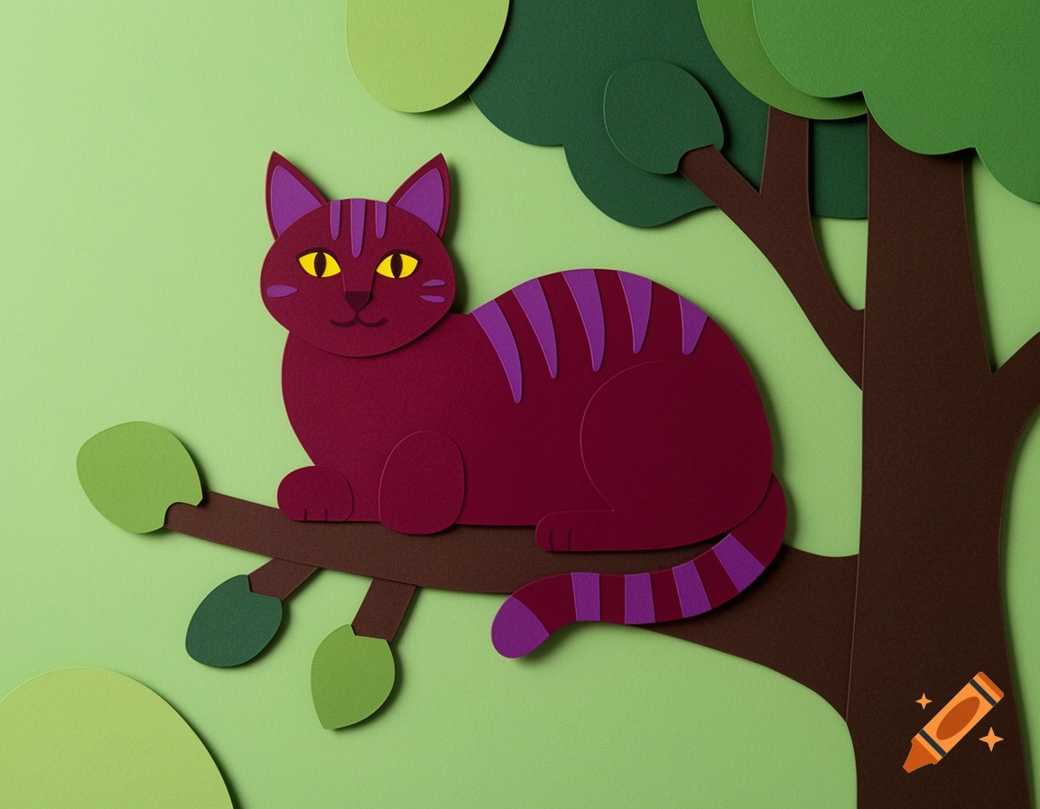 A maroon cat with purple stripes and yellow eyes rests on a tree branch, depicted in a layered construction paper style against a green background.