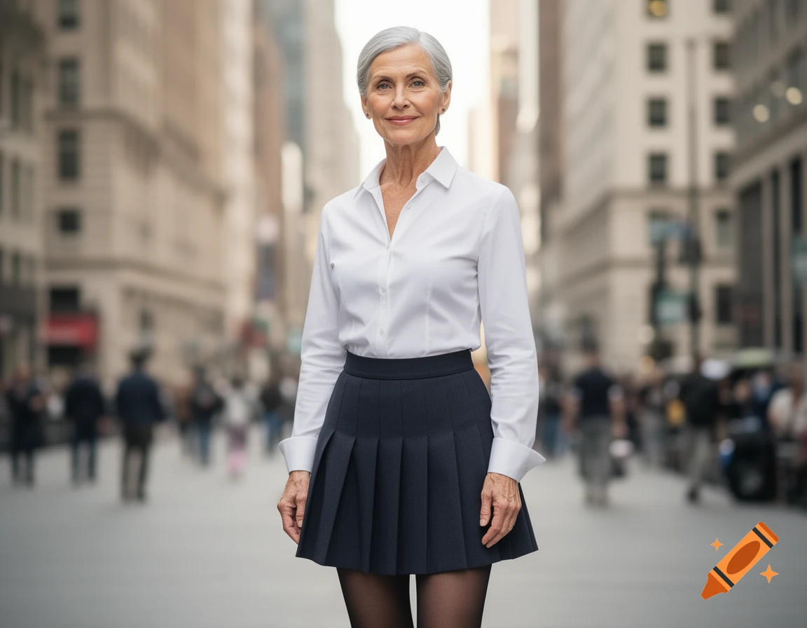 A mature woman in a white shirt, dark pleated skirt, and tights stands smiling on a bustling city street.
