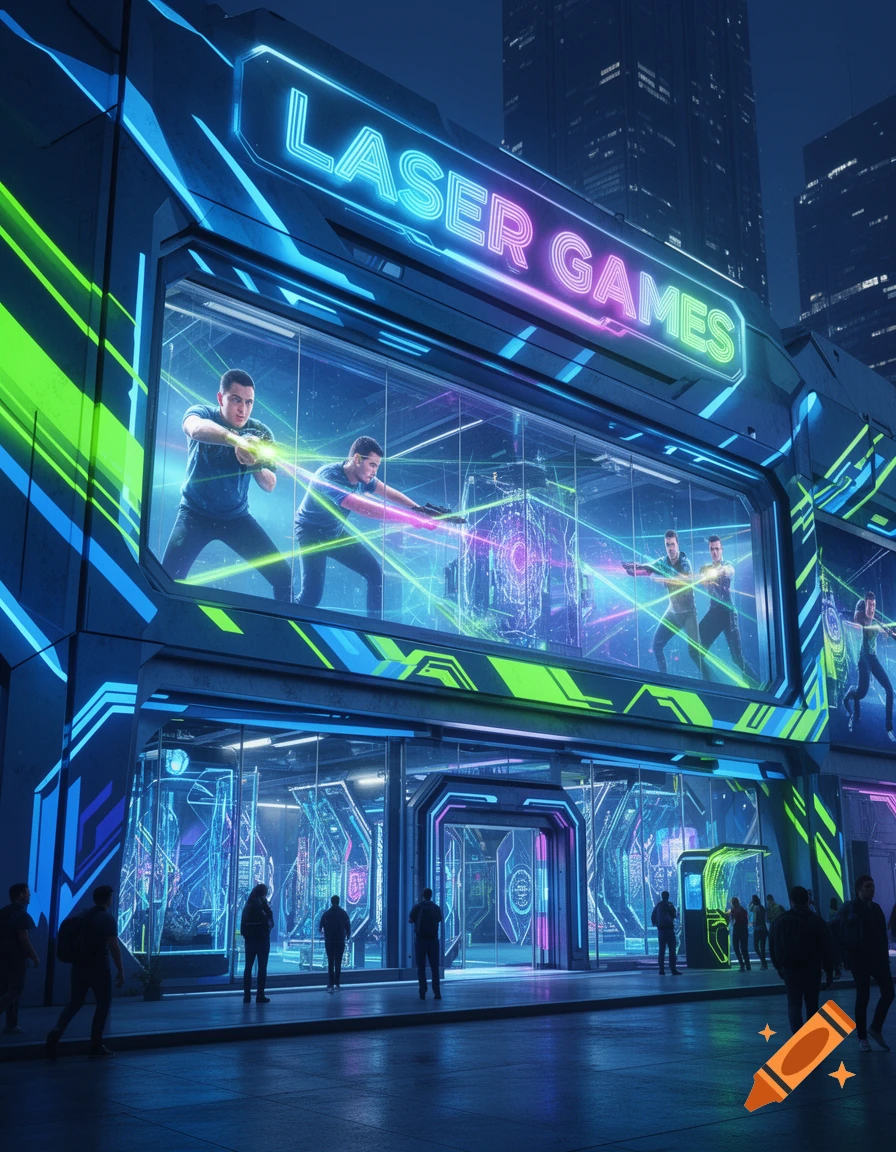 A futuristic building with neon 'LASER GAMES' sign, people playing laser tag inside, and pedestrians walking by at night.