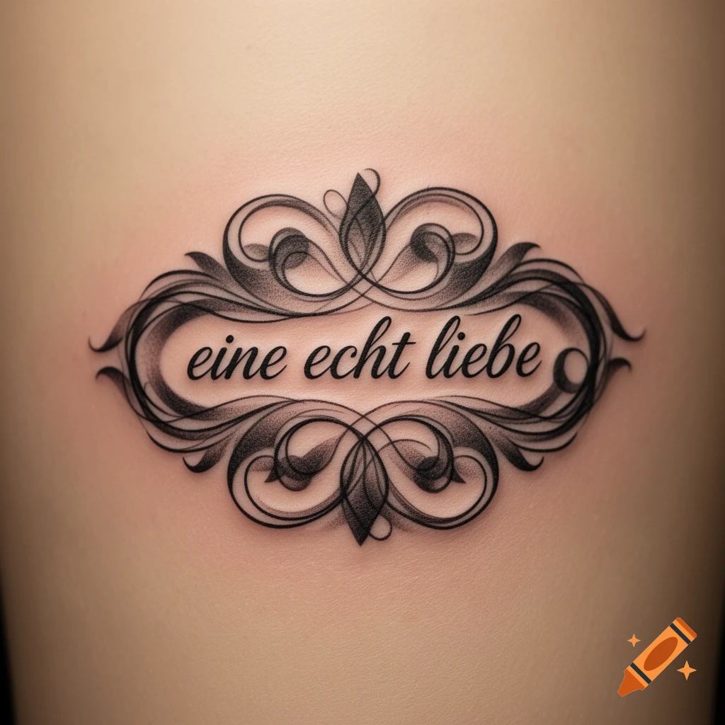 An ornamental black tattoo featuring the phrase "eine echt liebe" in elegant script on skin.