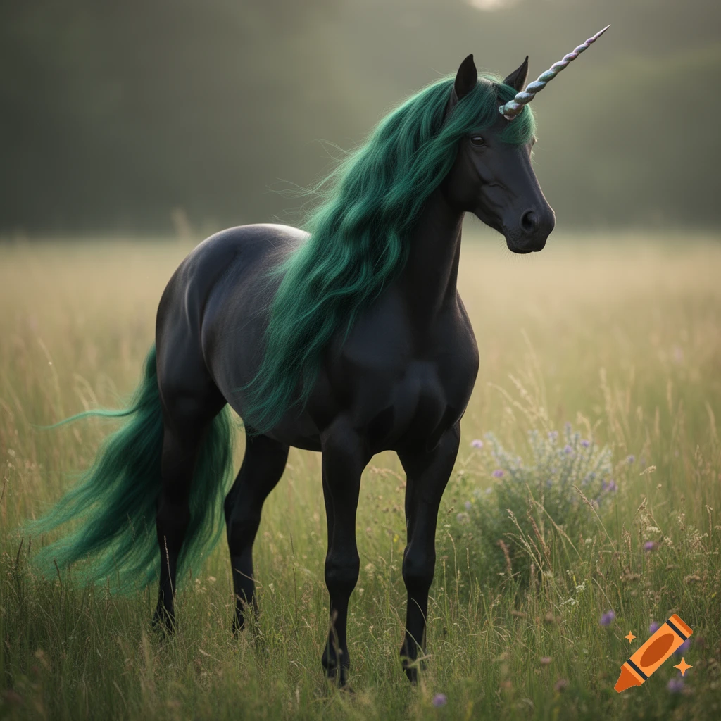 A majestic black unicorn with a long, flowing green mane and tail stands in a sunlit grassy field.