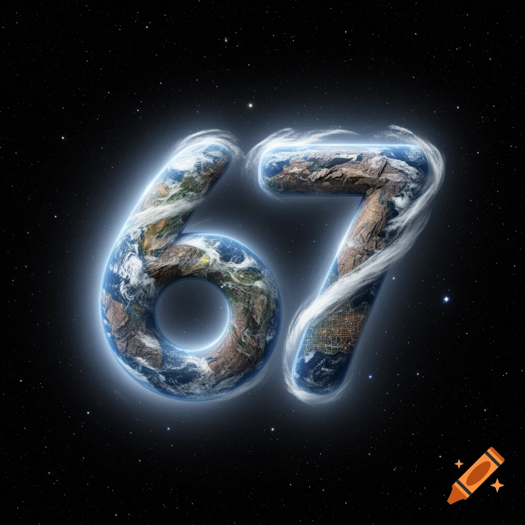 The numbers 67, formed by a glowing planet Earth, set against a dark starry space background.