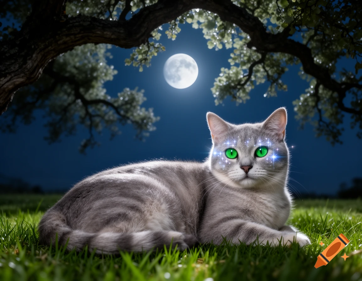 A gray tabby cat with glowing green eyes and sparkling cheeks lies on green grass under a tree at night, illuminated by a full moon.