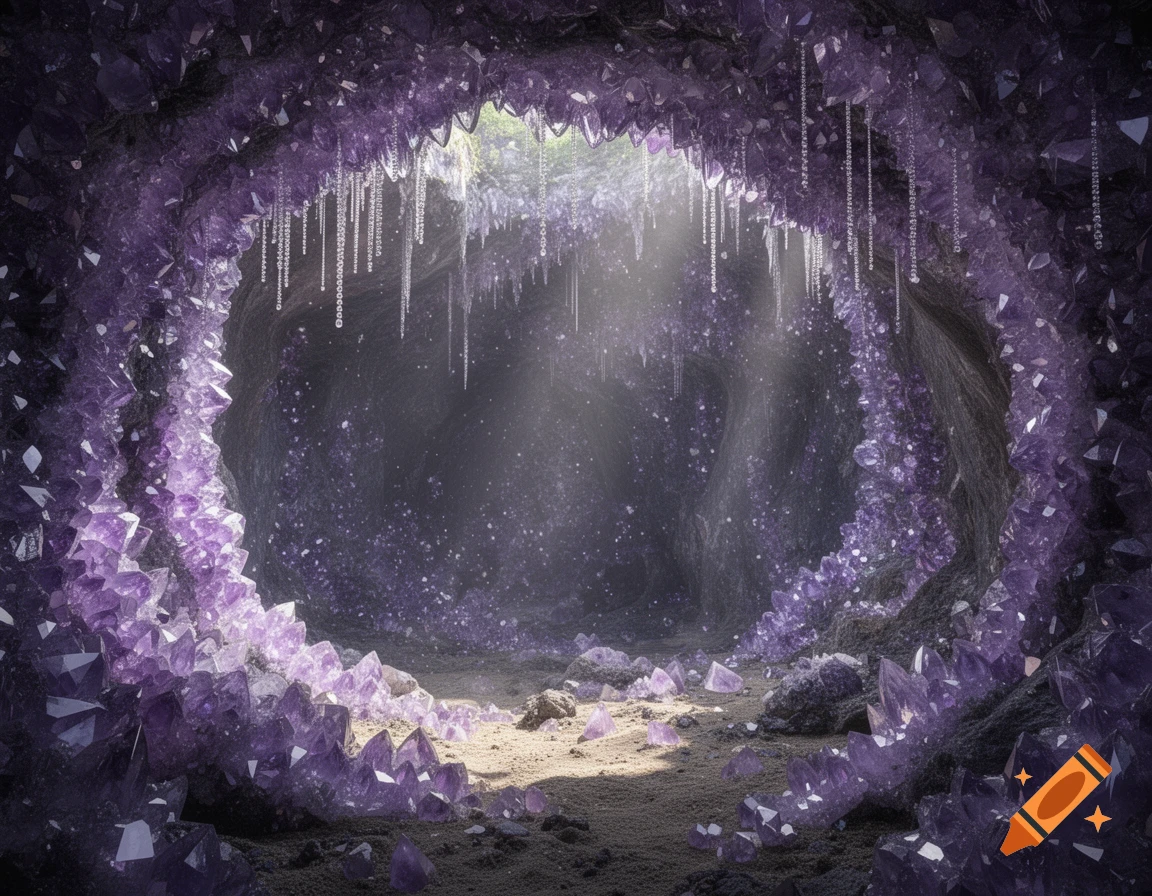 A vibrant purple amethyst crystal cave with light filtering through an opening at the top, illuminating the dusty floor.
