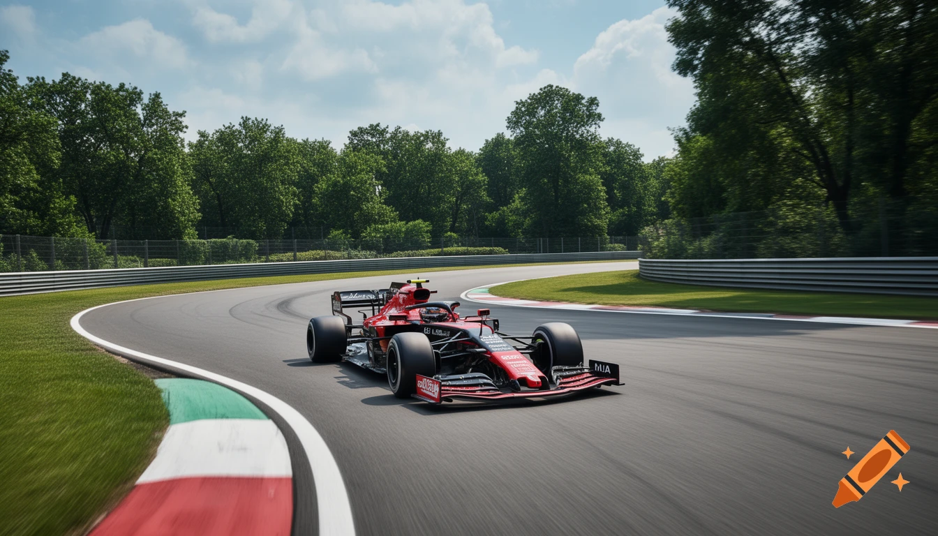 A red and black Formula 1 car speeds through a turn on a race track lined with green grass and trees under a cloudy sky.