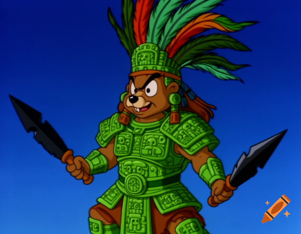 A brown cartoon beaver-like character, resembling Brain, in green Maya warrior armor, a feathered headdress, and holding two obsidian knives, against a blue background.