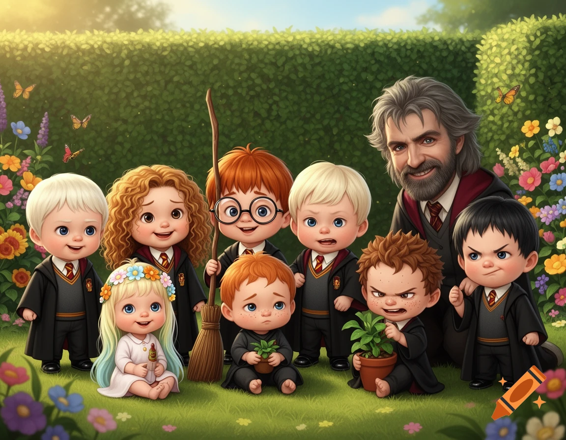 Chibi Harry Potter characters as toddlers and Remus Lupin, their daycare teacher, posing for a class picture in a lush garden.