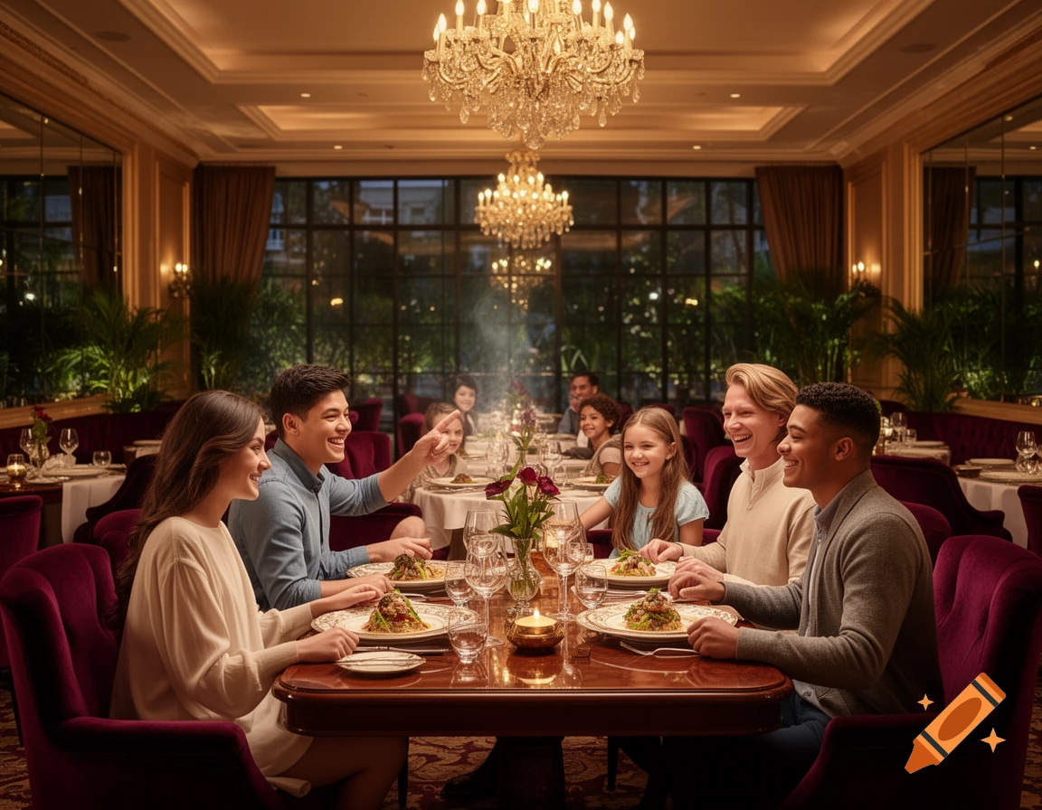 A happy family enjoys a meal in a luxurious restaurant with grand chandeliers and elegant decor.