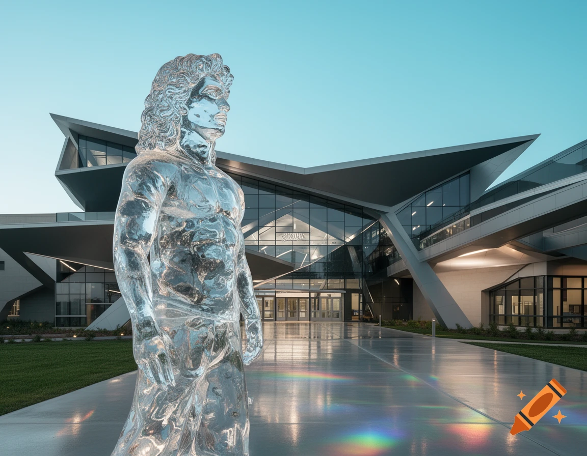 A translucent glass statue of a muscular man with long curly hair stands in front of a futuristic, angular modern building under a clear sky.