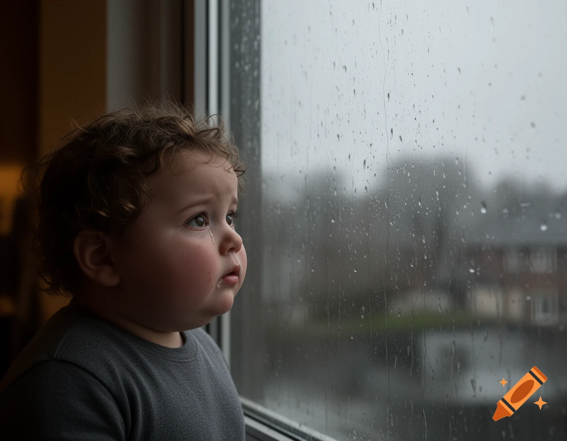 A sad child with curly hair looks out a rainy window, a tear on their cheek.