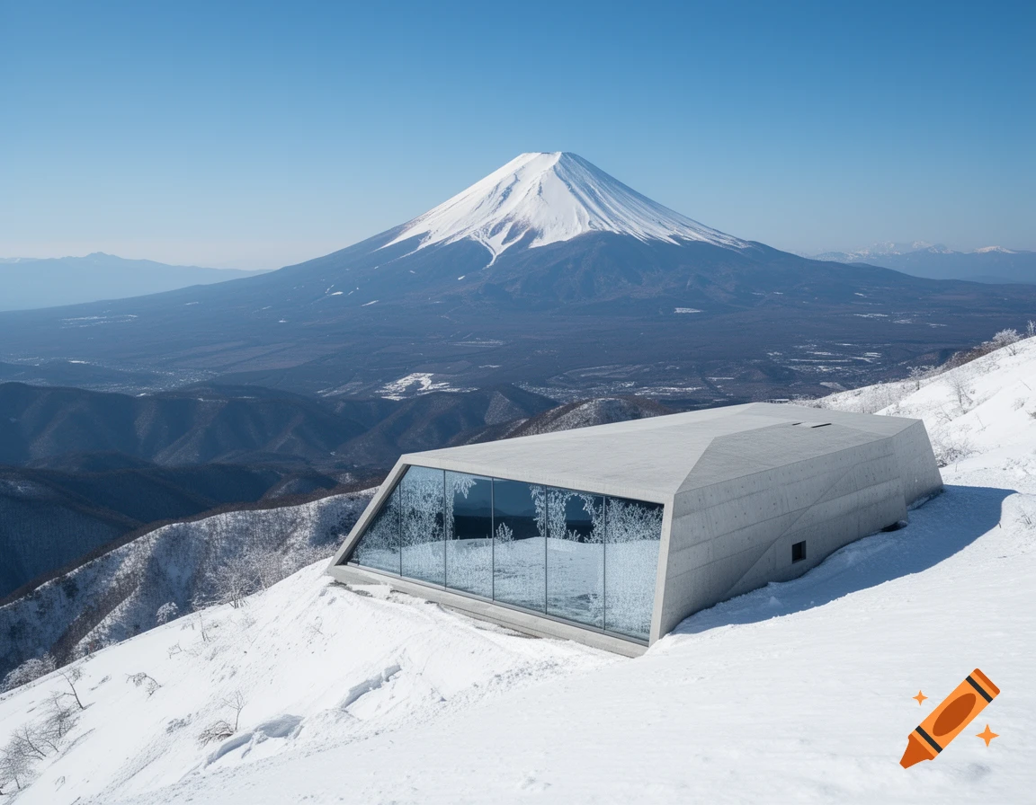 A modern concrete bunker with large glass windows on a snowy mountain, with Mount Fuji in the background under a clear sky.