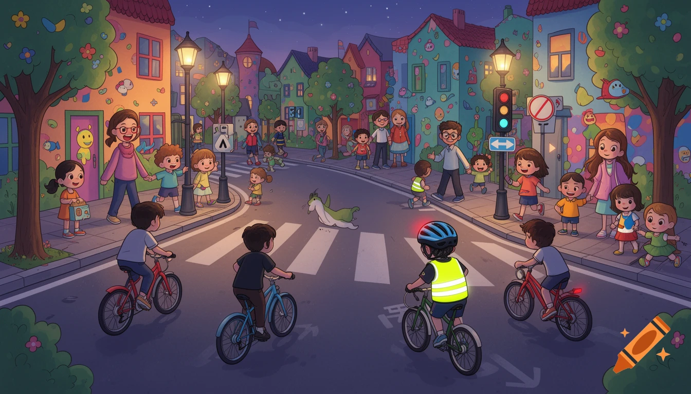 A cartoon illustration of a busy street scene at dusk with children and adults. Some children ride bicycles, one in a reflective vest, while others walk on sidewalks and crosswalks. Colorful houses and streetlights line the background.