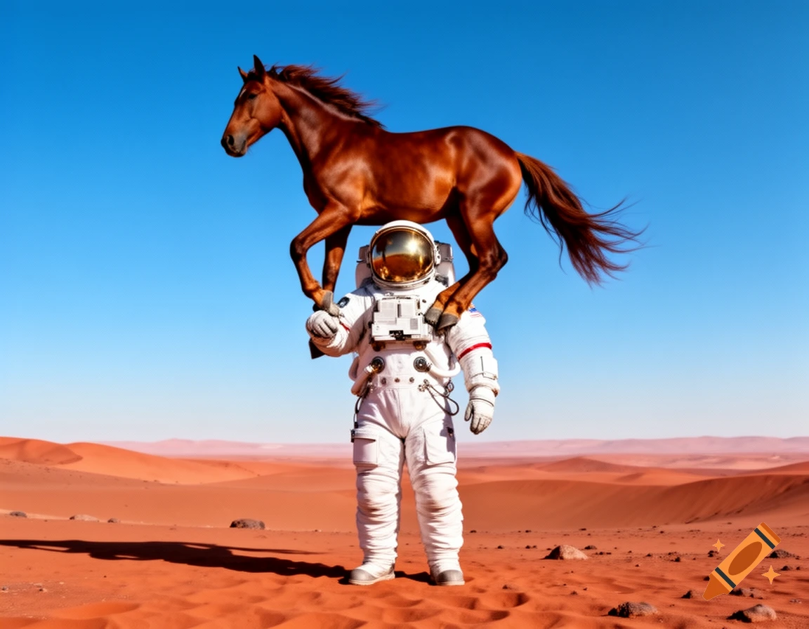 A photorealistic image of an astronaut carrying a brown horse on their shoulders in a vast orange desert under a clear blue sky.