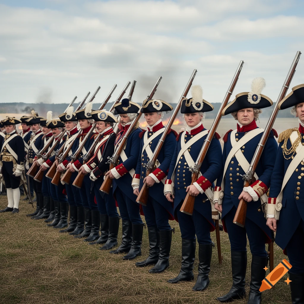 A photorealistic image of a line of historical soldiers in blue and red uniforms, holding rifles on a grassy field with smoke in the background.