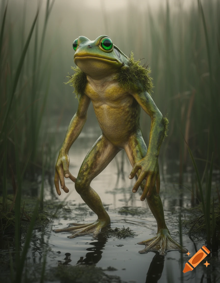 A photorealistic, anthropomorphic frog creature with bright green eyes and moss on its shoulders stands in a foggy marsh.