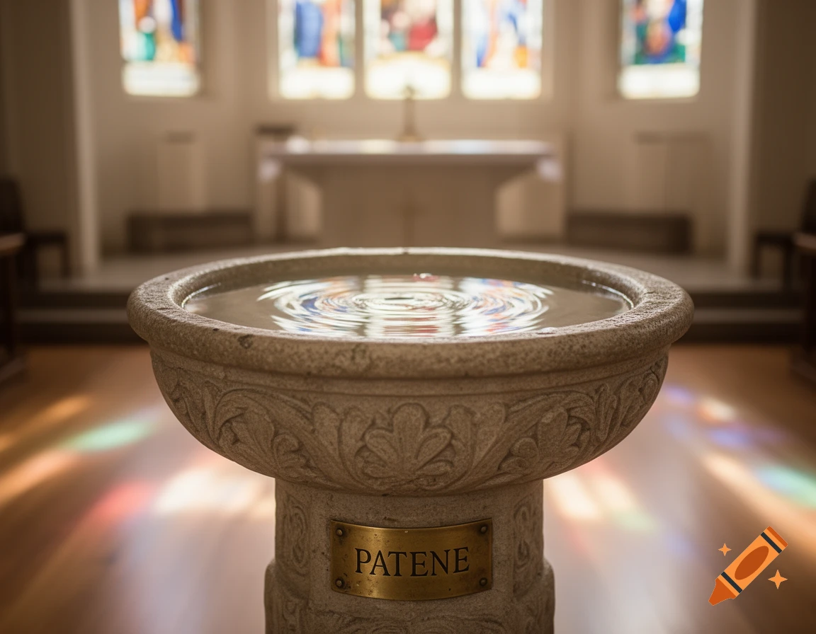 A photorealistic image of a stone baptismal font filled with water, featuring a brass plaque reading "PATENE", in a church with stained-glass windows in the background.