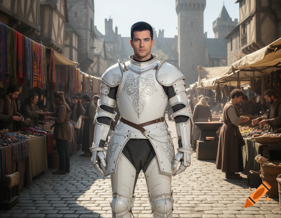A handsome knight in gleaming white and black armor stands centrally in a bustling medieval marketplace.