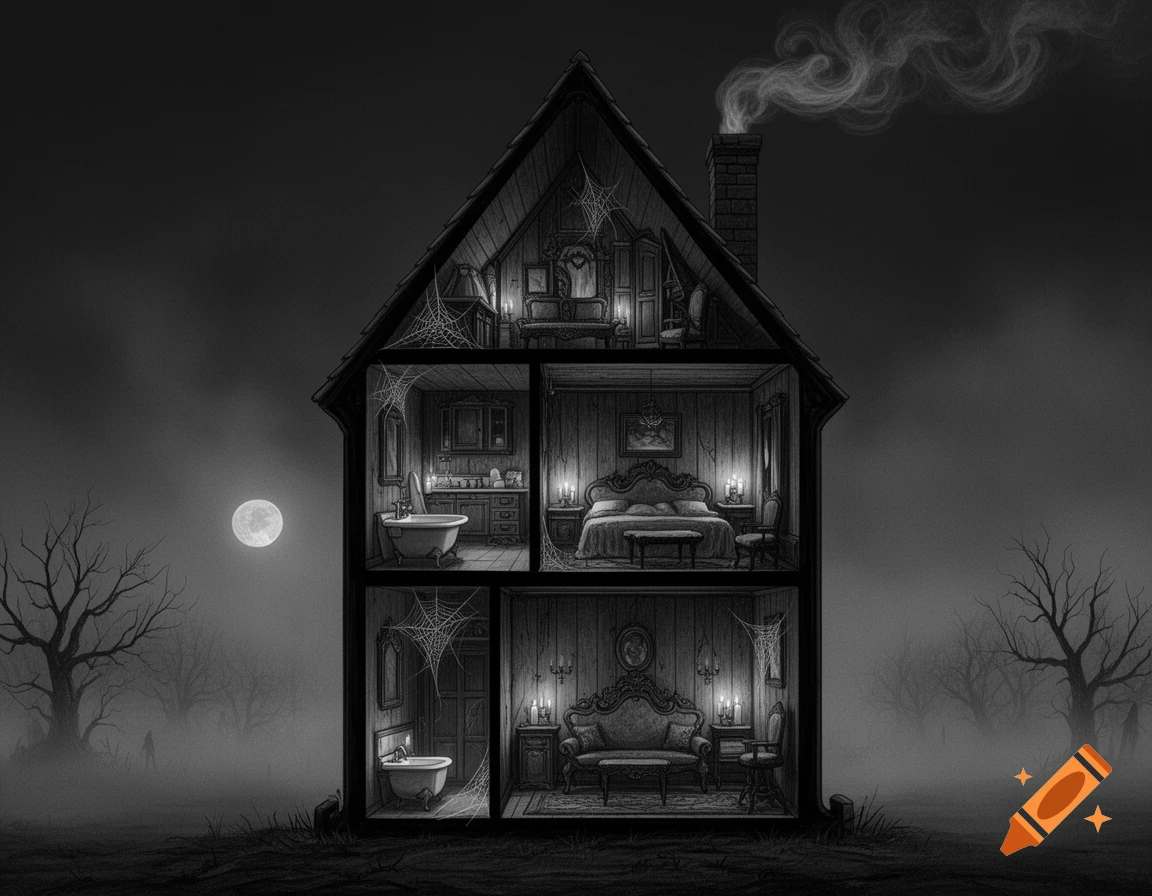 Monochromatic drawing of a haunted gothic house in a cut-away view, showing detailed rooms, a full moon, and bare trees.