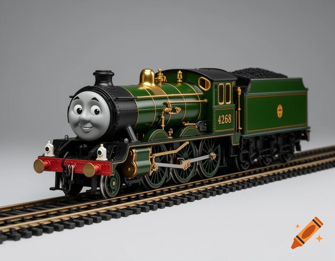 A highly detailed green toy steam locomotive with a friendly cartoon face, numbered 4268, sits on a train track.