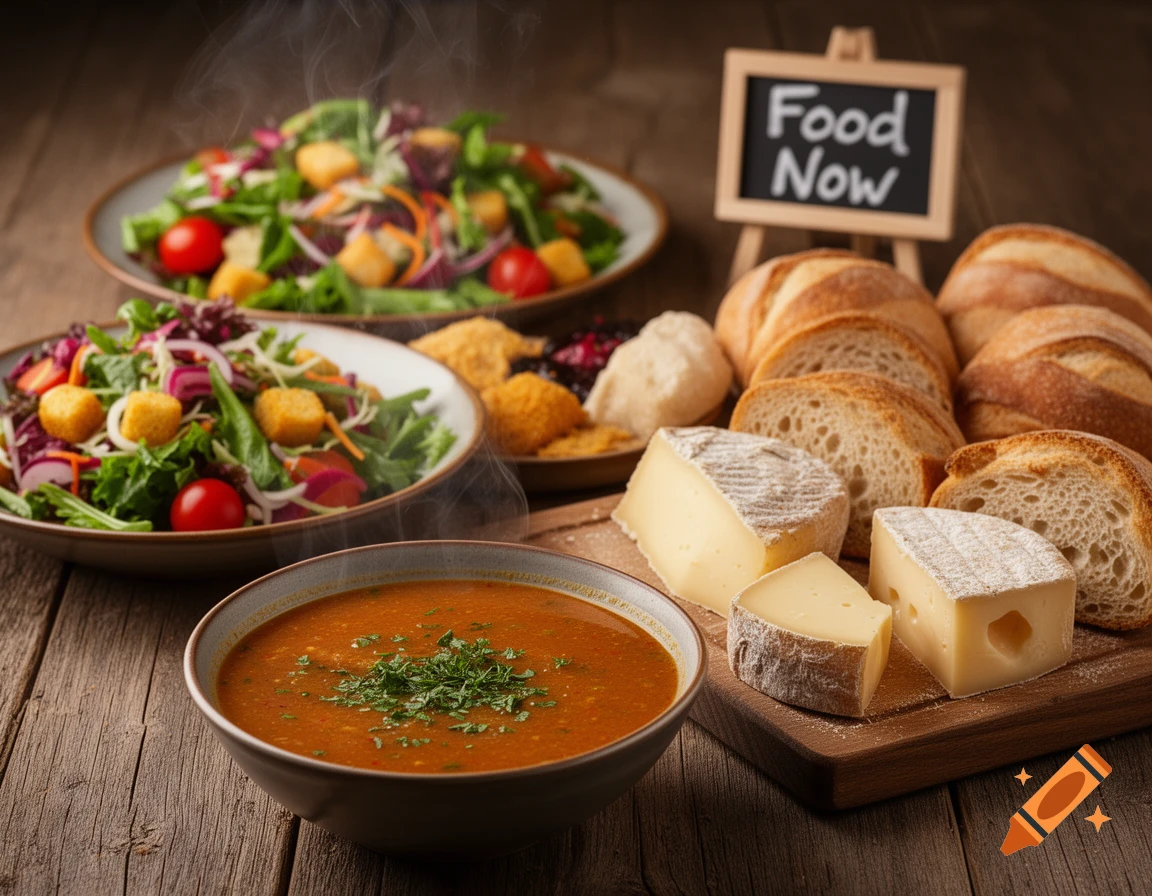 Photorealistic still life of steaming soup, two bowls of fresh salad, sliced bread, and cheese wedges on a wooden table.