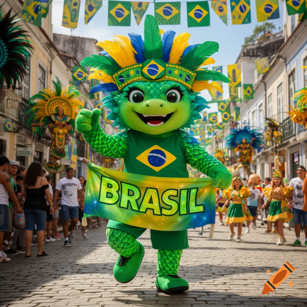 Vibrant green dragon mascot with a feathered headdress holds a 'BRASIL' banner, marching in a street parade with Brazilian flags and people.