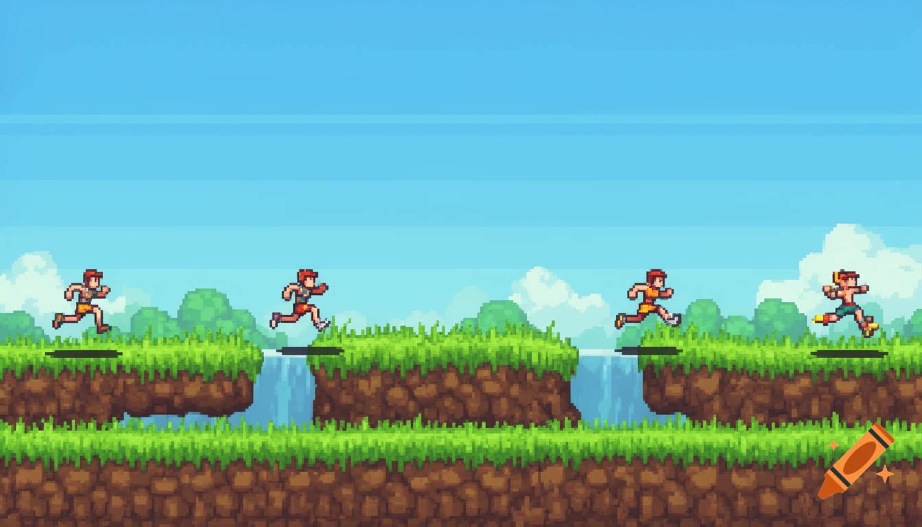 A pixel art 2D side-scrolling platformer level with four characters running across grass-covered earth platforms, separated by gaps and waterfalls.