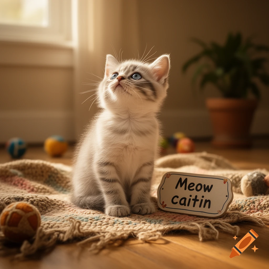 A fluffy white and grey tabby kitten with blue eyes sits on a knitted blanket, looking up. A sign next to it reads 'Meow caiitin'.