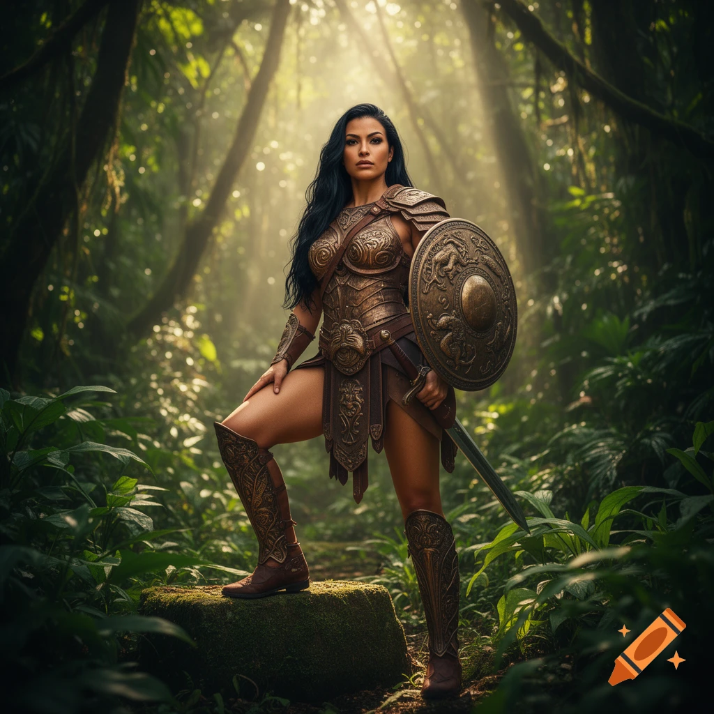 A strong, photorealistic Amazon warrior stands confidently in a sun-dappled jungle, holding a shield and sword.
