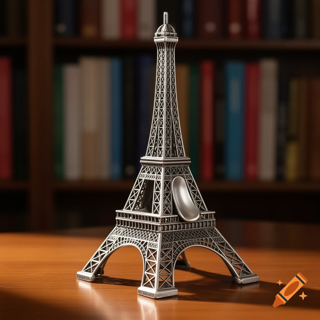 Photorealistic silver Eiffel Tower miniature phone stand on a wooden table with blurred bookshelves.