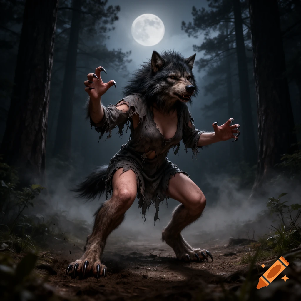 A photorealistic image of a female werewolf crouching aggressively in a dark forest under a full moon.